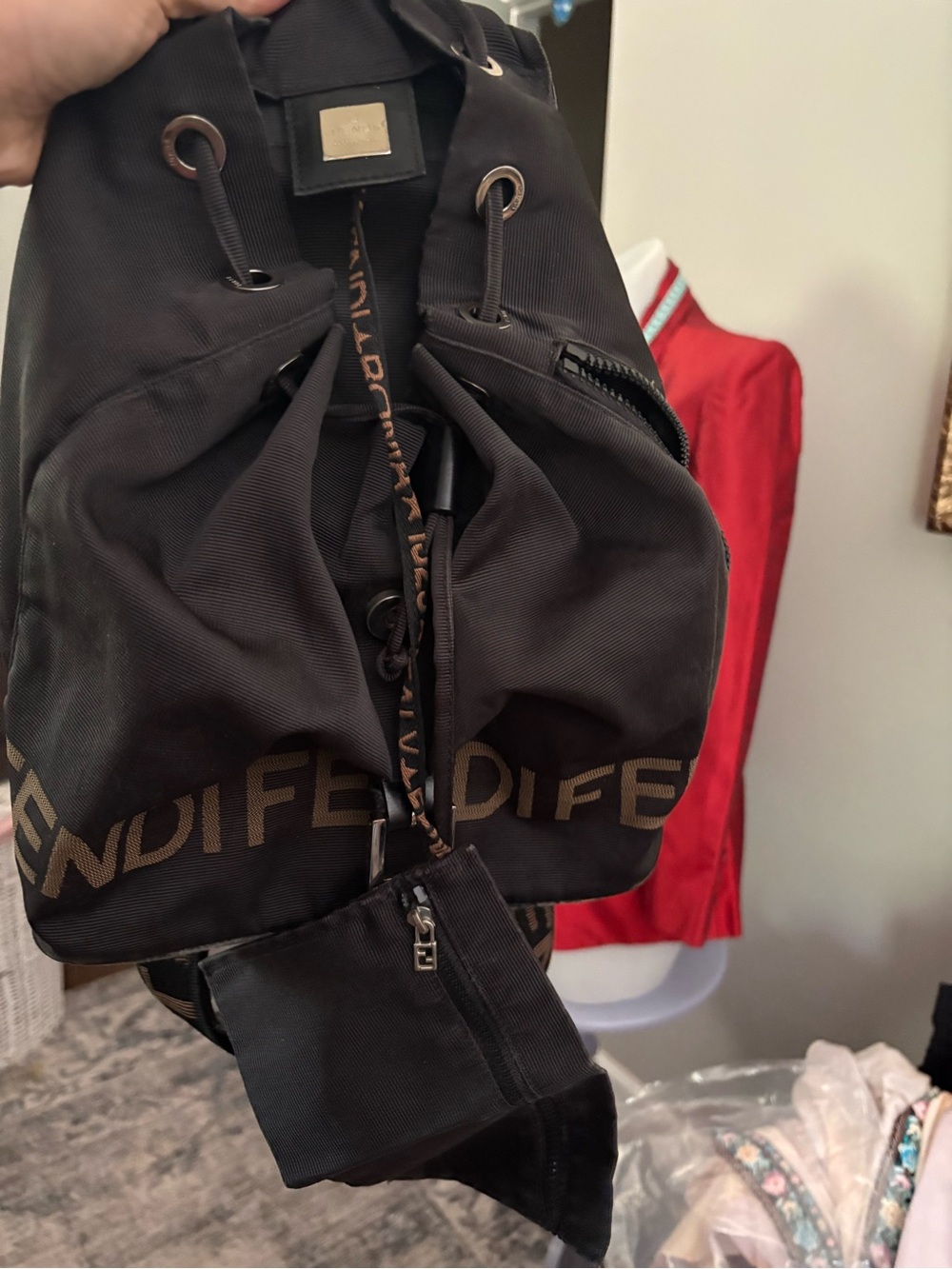 Fendi Black Nylon Logo Drawstring Backpack Vintage - Picture 7 of 11